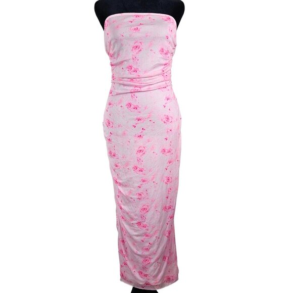 Womens Strapless Floral Milumia Maxi Dress Pink Roses Size S Elegant Wedding - Picture 1 of 11